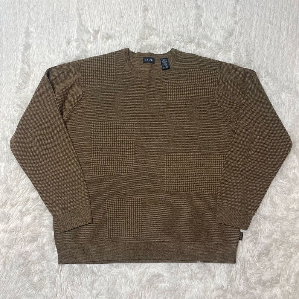 IZOD Sweater Mens Large Brown Pullover Merino Wool Blend Stretchy Crew Neck - Picture 2 of 8
